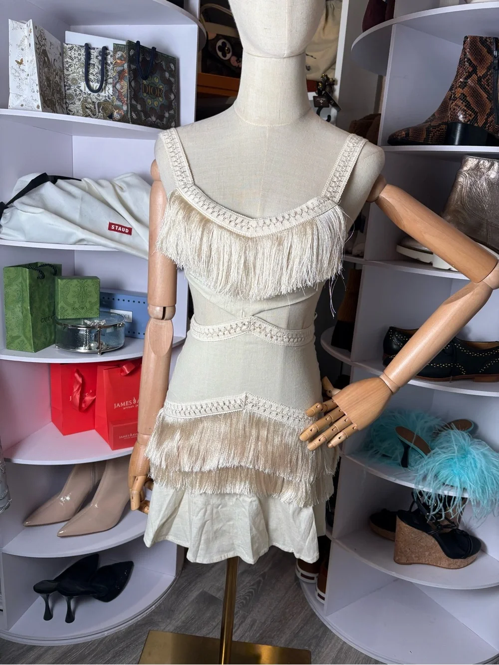 12th Tribe Haven fringe cutout mini dress set skirt top ivory XS nwt